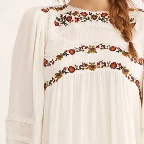 Free People Pasadena Ivory Cream Embroidered Mini Dress Long Sleeve Size Large - Picture 3 of 16